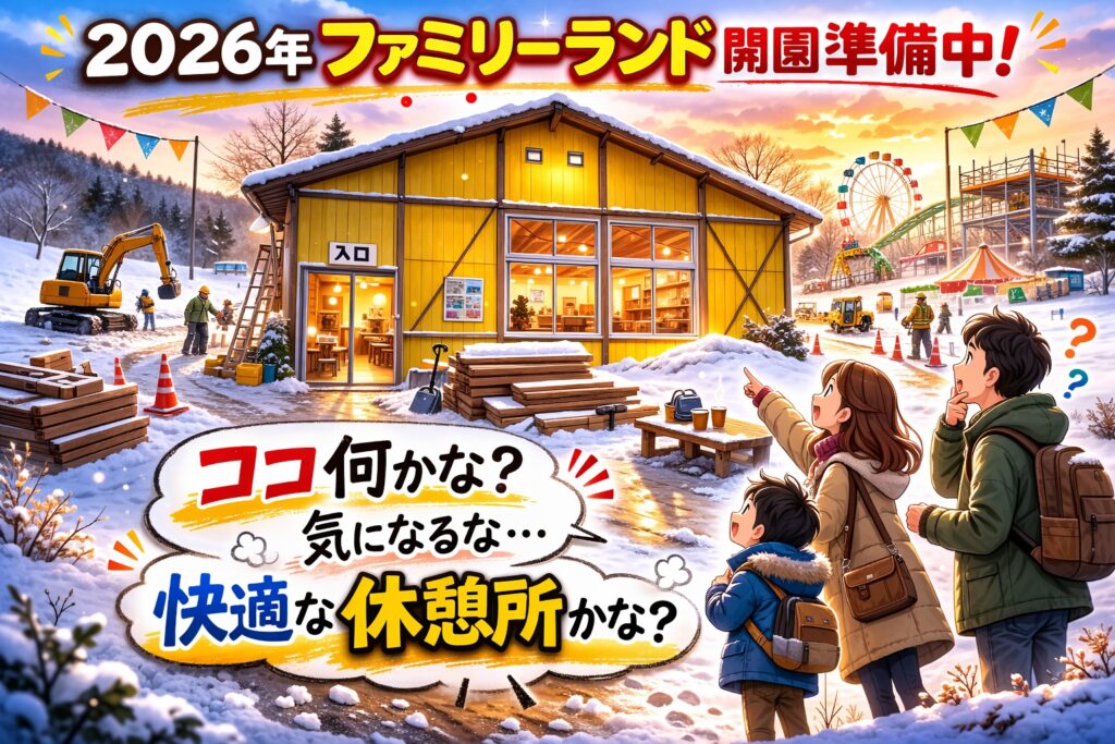 2026年 ファミリーランド開園準備中！ ココ何かな？気になるな…快適な休憩所かな？