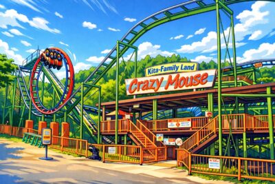 晴れた日に緑の木々を背景にしたジェットコースター「クレイジーマウス」