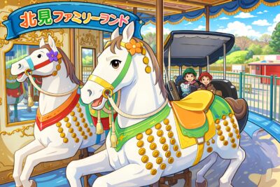 メリーゴーランドに乗る子供たちと白い馬のイラスト