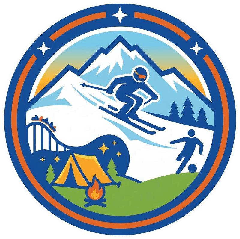 雪山でスキーをする人、キャンプ、サッカー、ジェットコースターなど、様々なアクティビティが描かれた円形のイラスト