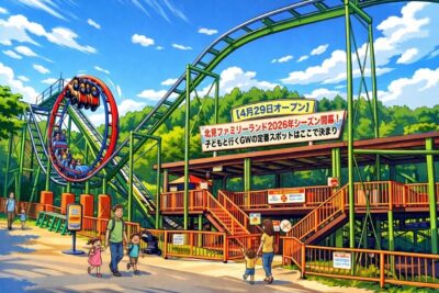 遊園地のジェットコースターと楽しむ家族連れのイラスト