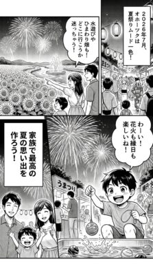 夏祭りやひまわり畑を背景に、花火を見たり縁日で遊んだりして楽しむ幸せな家族のイラスト。