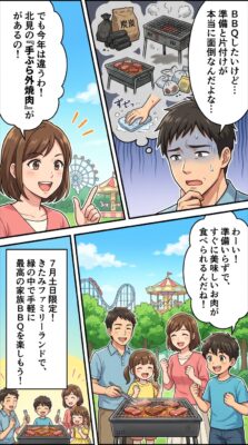 男性がBBQの準備に悩む様子と、女性が手ぶらBBQを提案し、家族が外で楽しそうに肉を焼く様子が描かれた漫画。