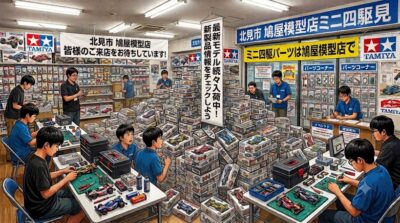 模型店内でミニ四駆を組み立てる人々や、高く積まれた模型の箱が並ぶ活気ある店内の様子。