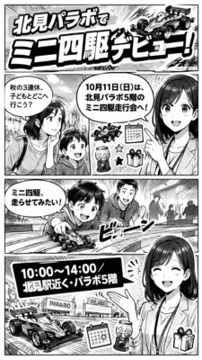 母子とスタッフがミニ四駆イベントを紹介する漫画風チラシ